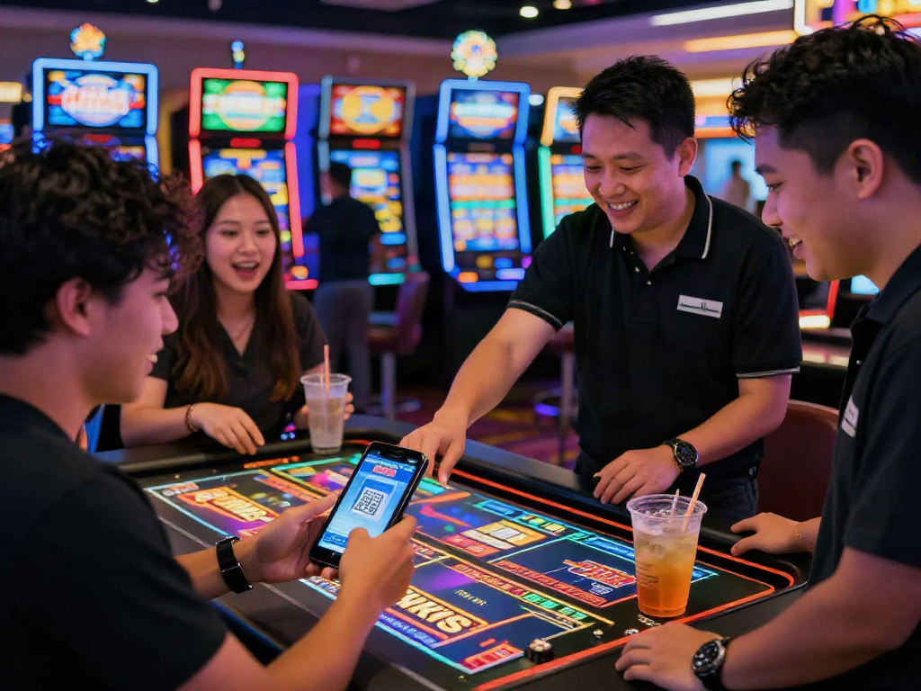 Engaging casino scene of slot deposit QRIS being used at a gaming table.