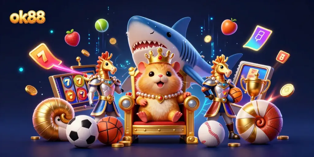 Experience the excitement of ok88 with a golden hamster king and dynamic gaming elements in a vibrant casino scene.