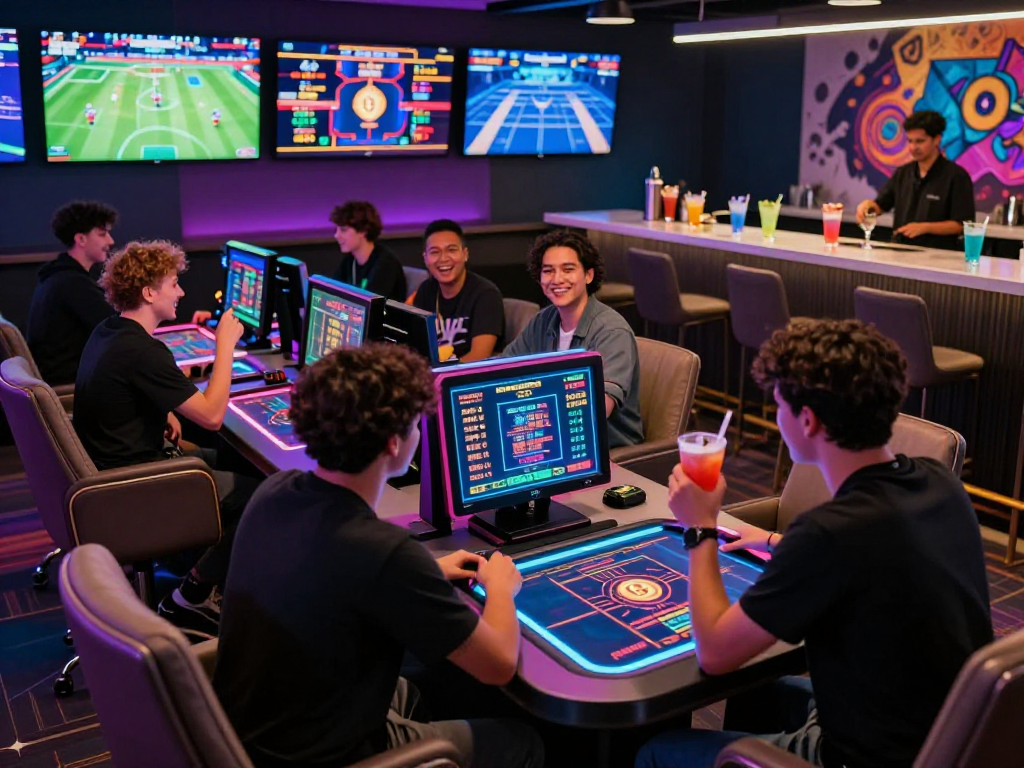 Exciting crypto casino gaming environment with players enjoying digital table games and vibrant decor.