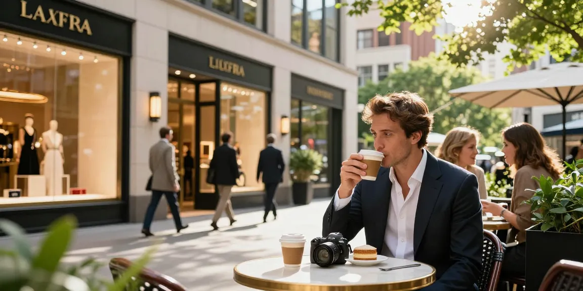 Gaya hidup mewah luxury111 di kafe luar ruangan dengan merek butik yang elegan.