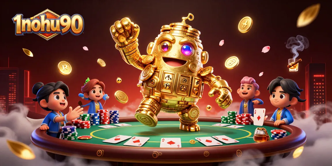 Engage with 1nohu90's vibrant 3D cartoon scene featuring a fortune-filled golden golem amidst poker excitement.