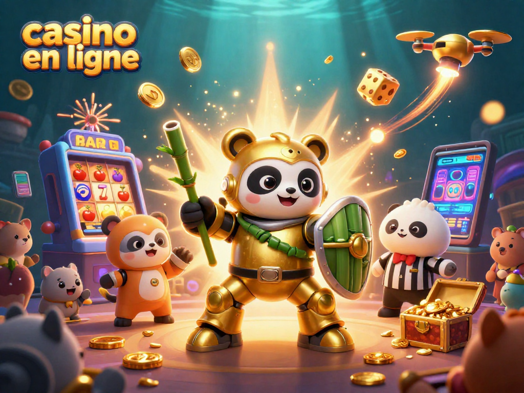 Joue au casino en ligne avec un panda en armure dans une scène dynamique pleine de jeux et d'animations.
