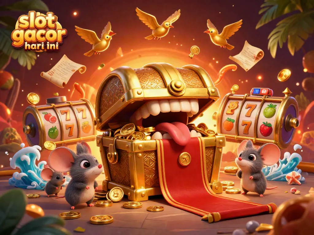 Menggali kekayaan dengan slot gacor hari ini, ilustrasi digital yang memikat dengan simbol slot dan elemen kasino lainnya.