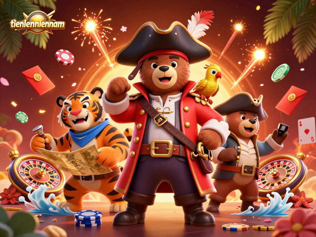 Engage in thrilling adventures with the characters from tienlenmiennam amidst vibrant casino scenes and festive elements.
