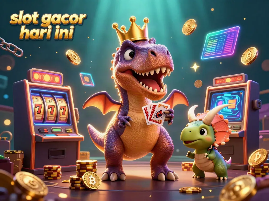 Engage in thrilling gameplay with slot gacor hari ini featuring a T-Rex shuffling cards and a triceratops stacking chips.