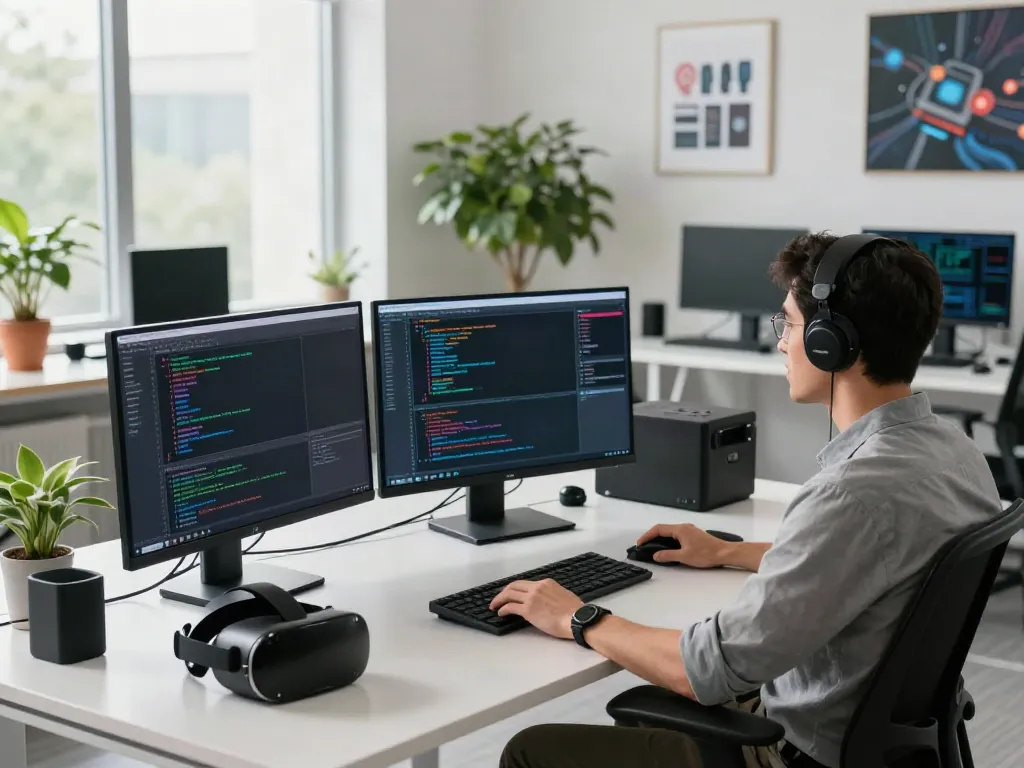 Engineer analyzing GPU computing simulations in a modern tech workspace.