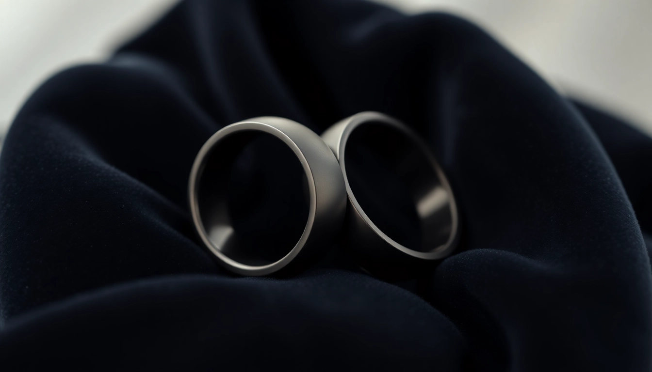 Admire exquisite Black Zirconium Rings set on velvet, showcasing their sleek design and polish.