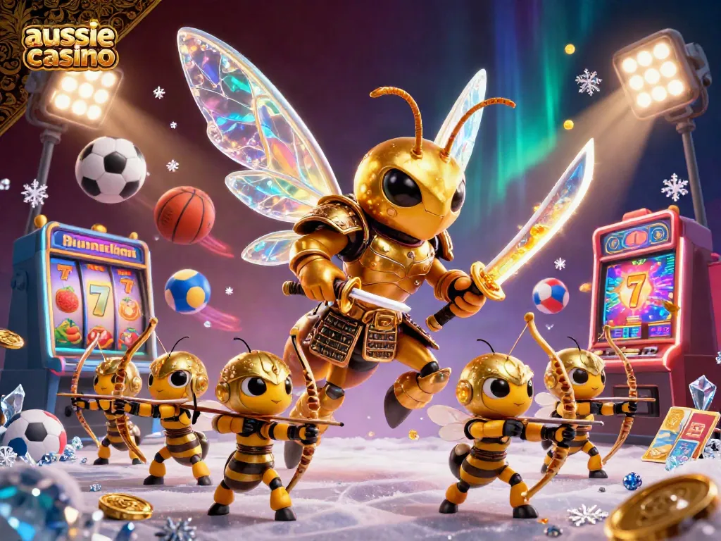 Experience excitement at aussie casino with dynamic scenes of golden hornets and slot machines.