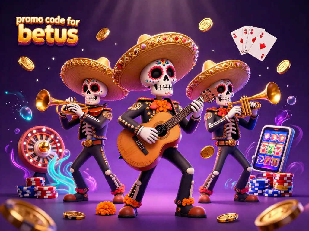Win big with the promo code for betus at this vibrant casino scene featuring skeleton mariachi band members.