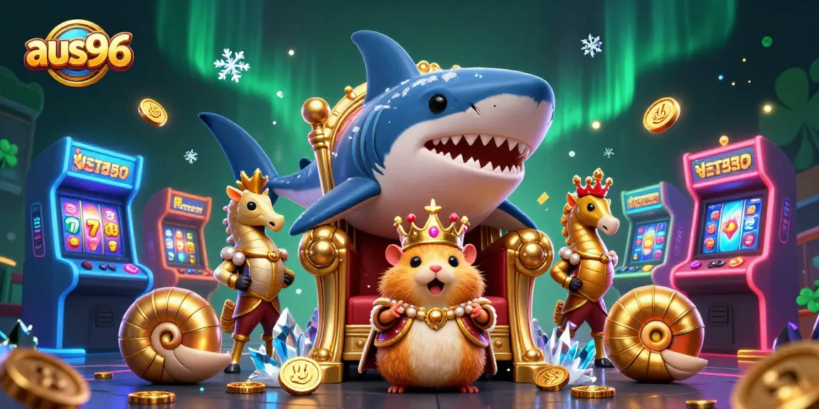 Spin the reels at aus96, featuring a golden hamster king and thrilling casino arcade elements.