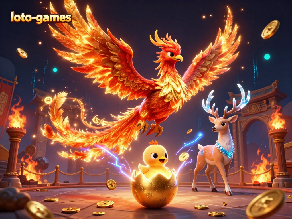 Loto-games showcases an enchanted scene with a soaring phoenix, a hatching chick, and a mystical stag amidst vibrant casino elements.