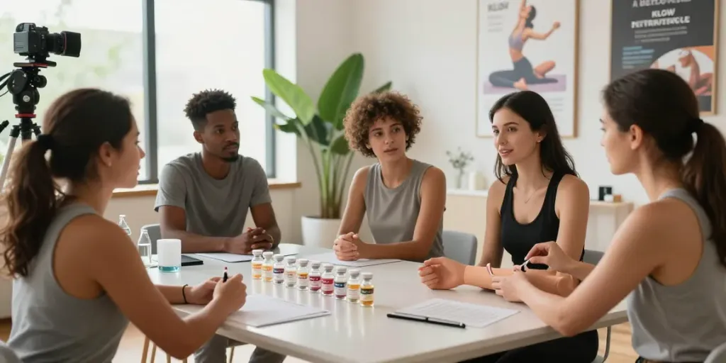 KLOW peptide discussion in a wellness studio with diverse participants engaged in learning.
