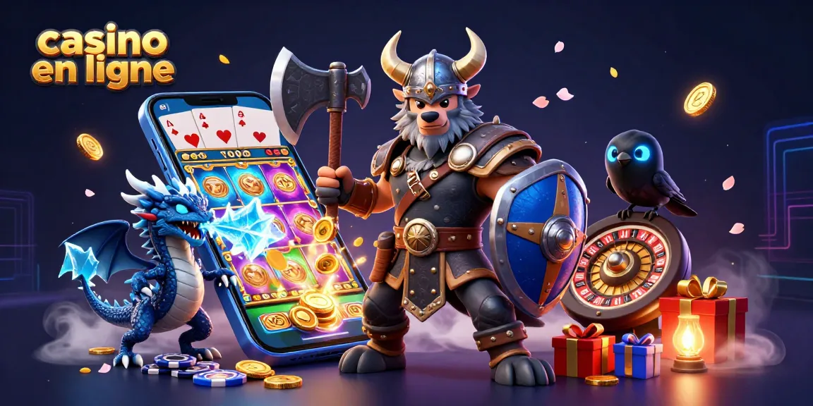 Jeu de casino en ligne avec un loup viking, un dragon et des éléments de jeu autour d'eux.