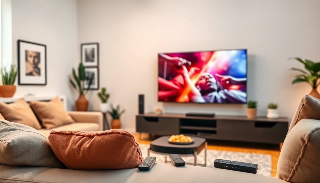 Experience IPTV services in a stylish living room with a sleek TV and cozy decor.