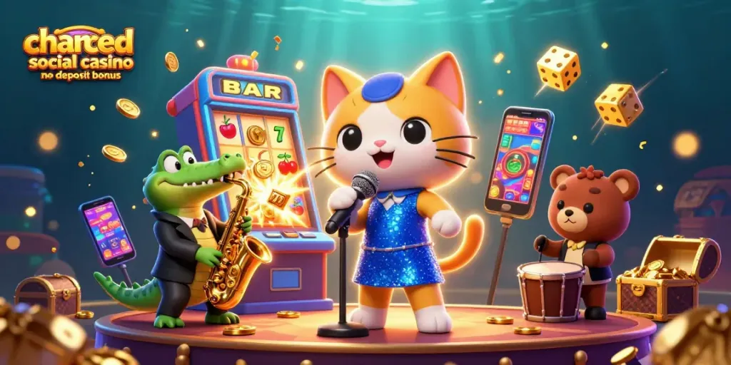 Play and win with the chanced social casino no deposit bonus, featuring lively game characters and slot machine excitement.