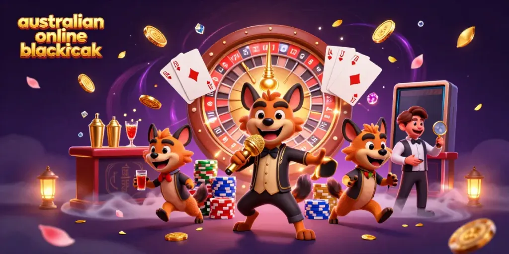 Experience thrilling australian online blackjack with hyena characters in a vibrant casino scene
