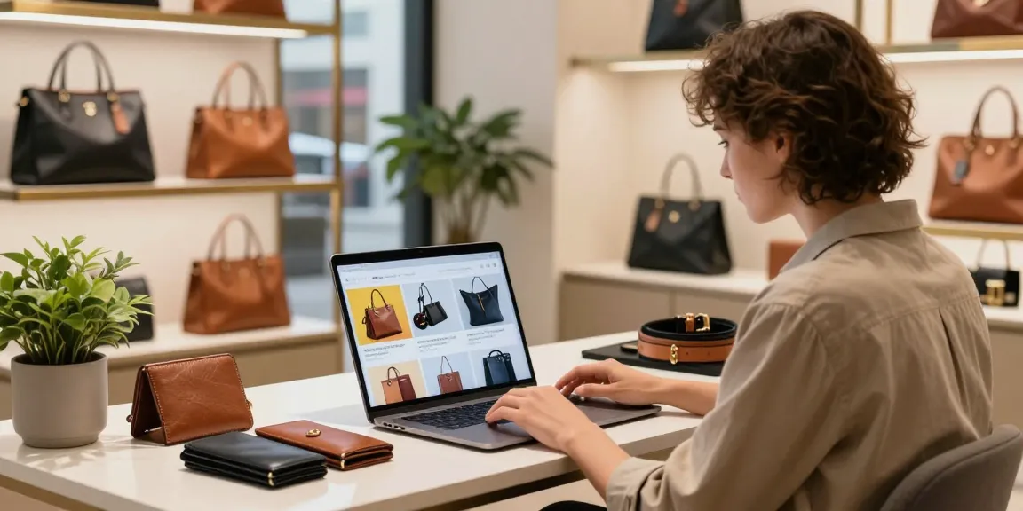 Stylish shopper engaging in online shopping for luxury leather products in a modern home office setting.