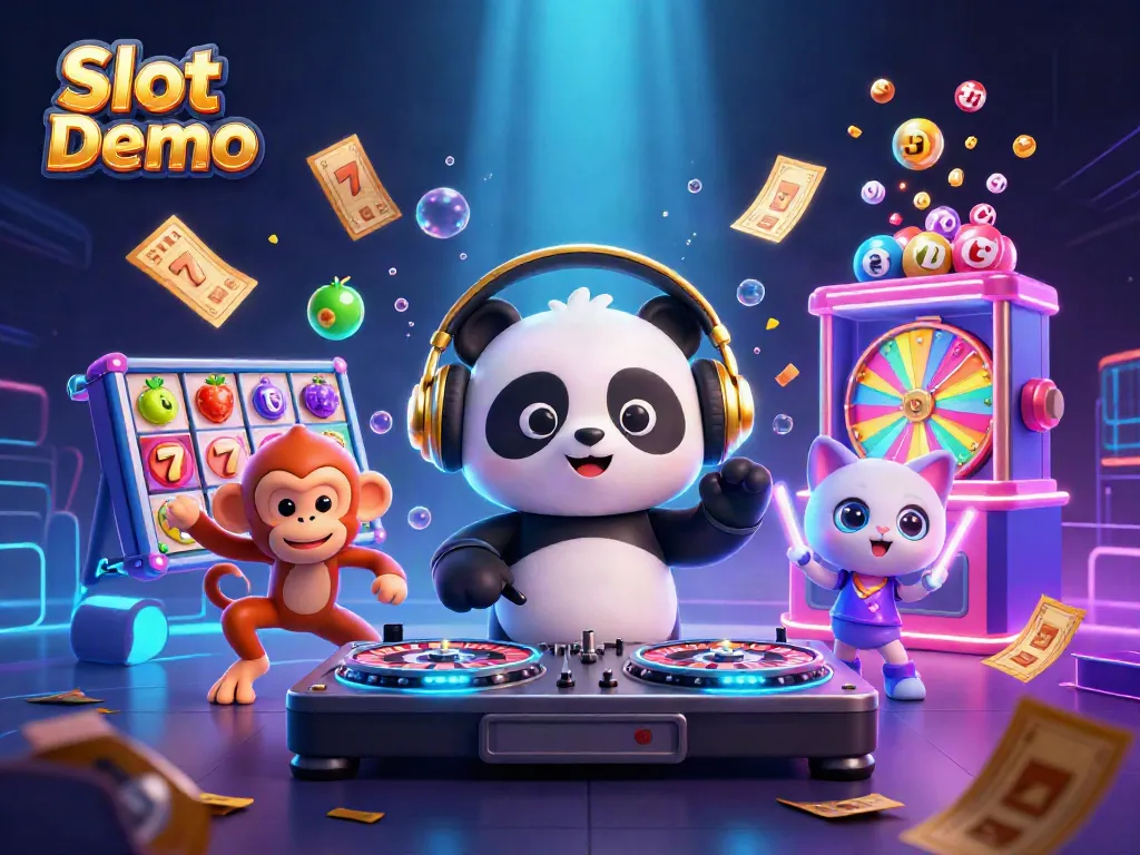 Experience engaging Slot Demo action with vibrant characters and casino symbols in a lively 3D scene.