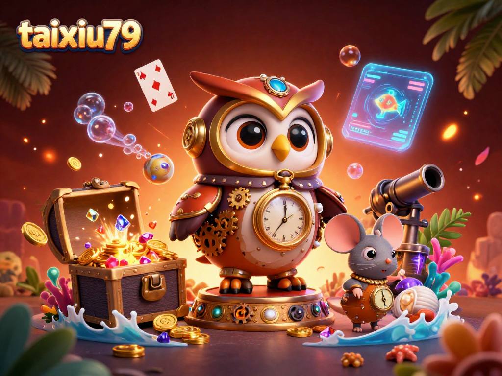 Experience thrilling action with taixiu79 in a vibrant 3D casino illustration featuring steampunk characters and dynamic game elements.