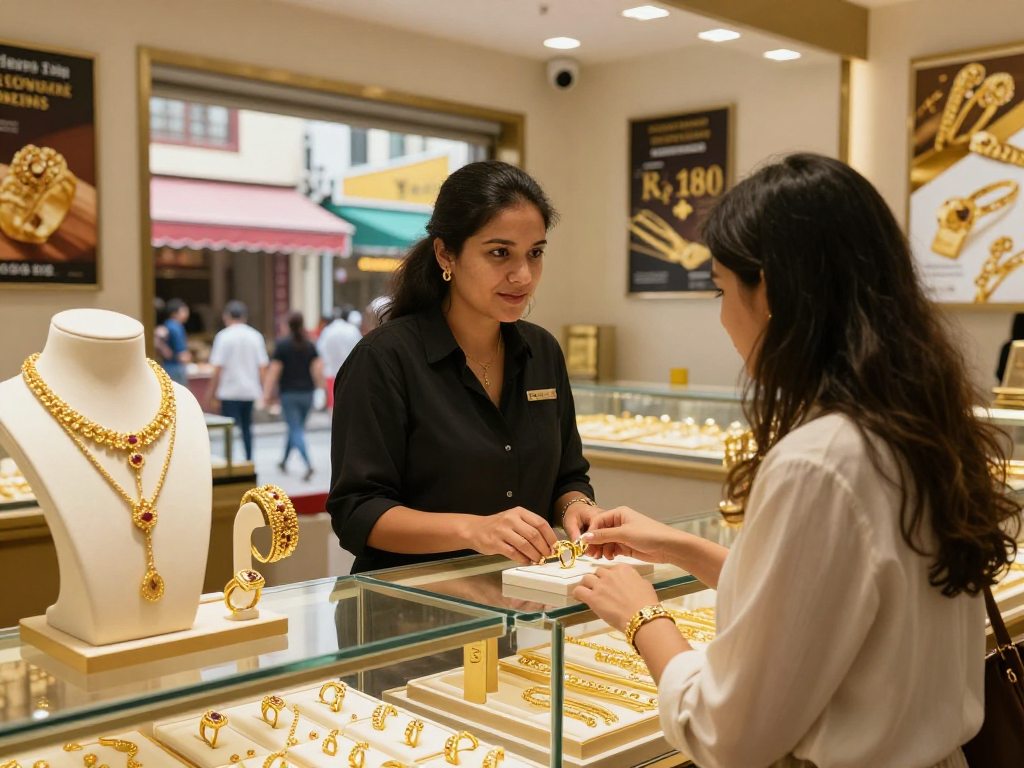 Engaging customer experience at mantra88 gold jewelry shop showcasing 24K and 22K gold pieces elegantly.