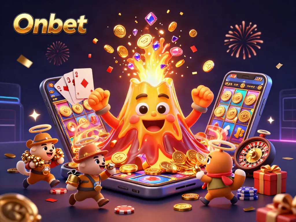 Experience Onbet's thrilling casino adventure with explosive treasure eruptions and vibrant game elements.