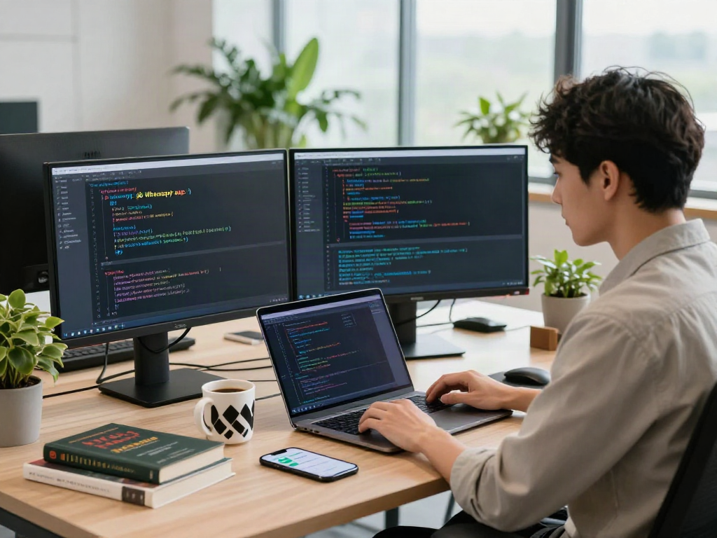 Focused developer coding the gb whatsapp apk in a modern workspace with multiple screens