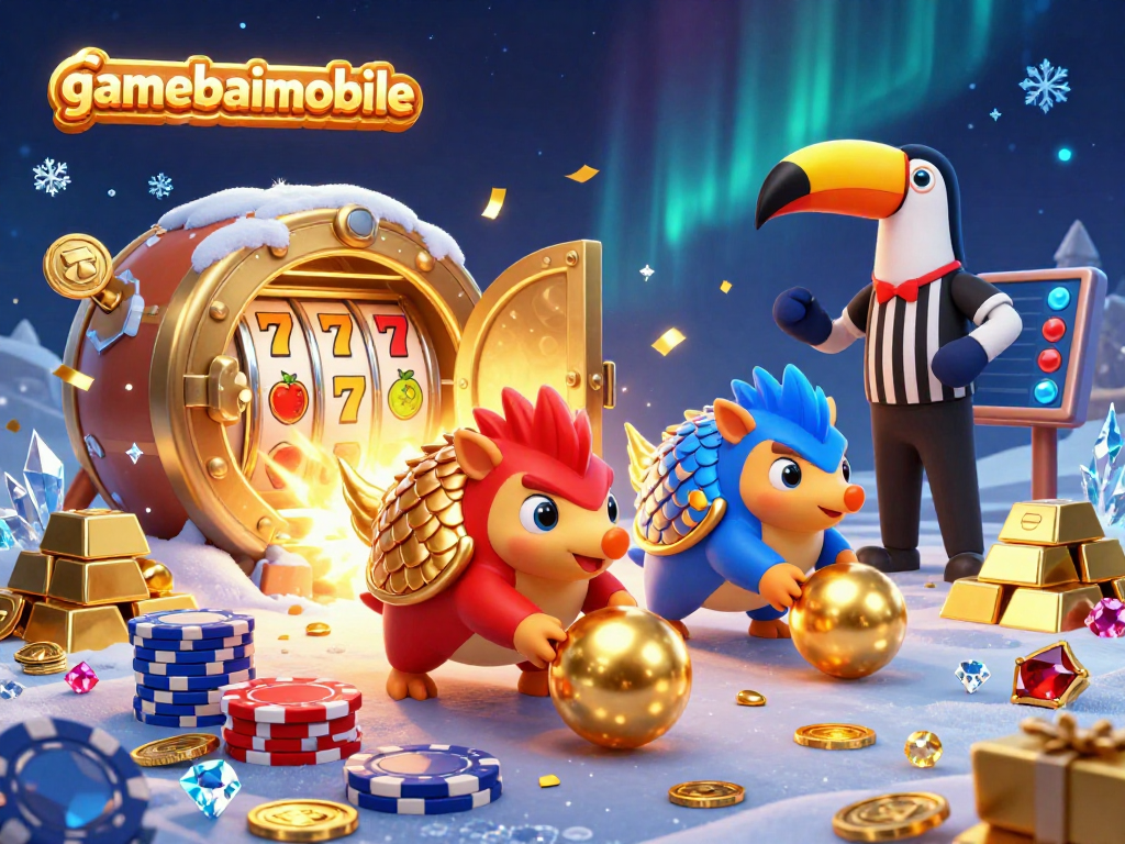 Gamebaimobile pangolins duel in a vibrant casino scene with slot reels and golden treasures.