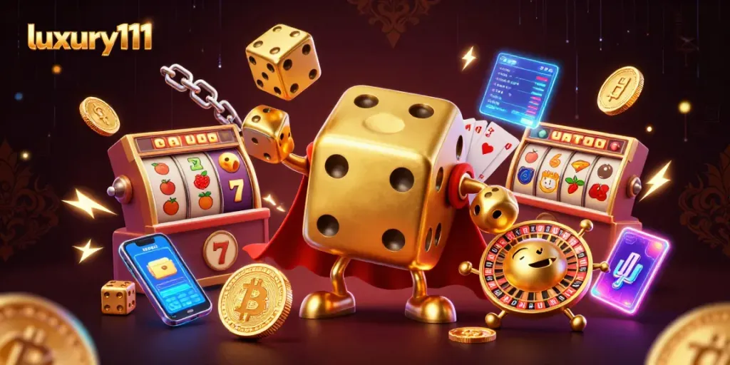 Engage in thrilling gaming with luxury111, featuring a vibrant 3D casino scene of golden dice and slot reels.