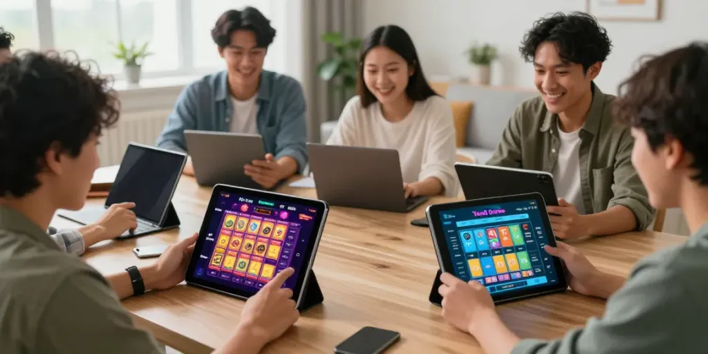 Engaged players enjoying togel online games on tablets and smartphones in a lively gaming setup.