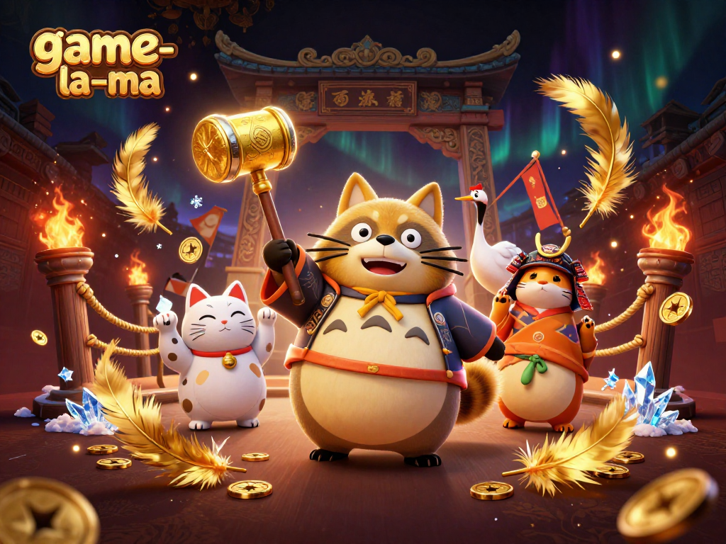 Win big with game-la-ma in this vibrant 3D casino illustration featuring lucky themes and festive elements.