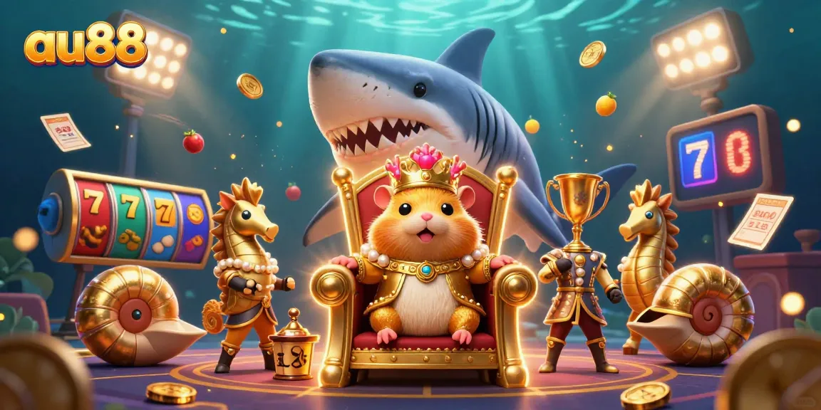Experience thrilling jackpots with au88's golden hamster king and vibrant slot reels in this animated casino scene.