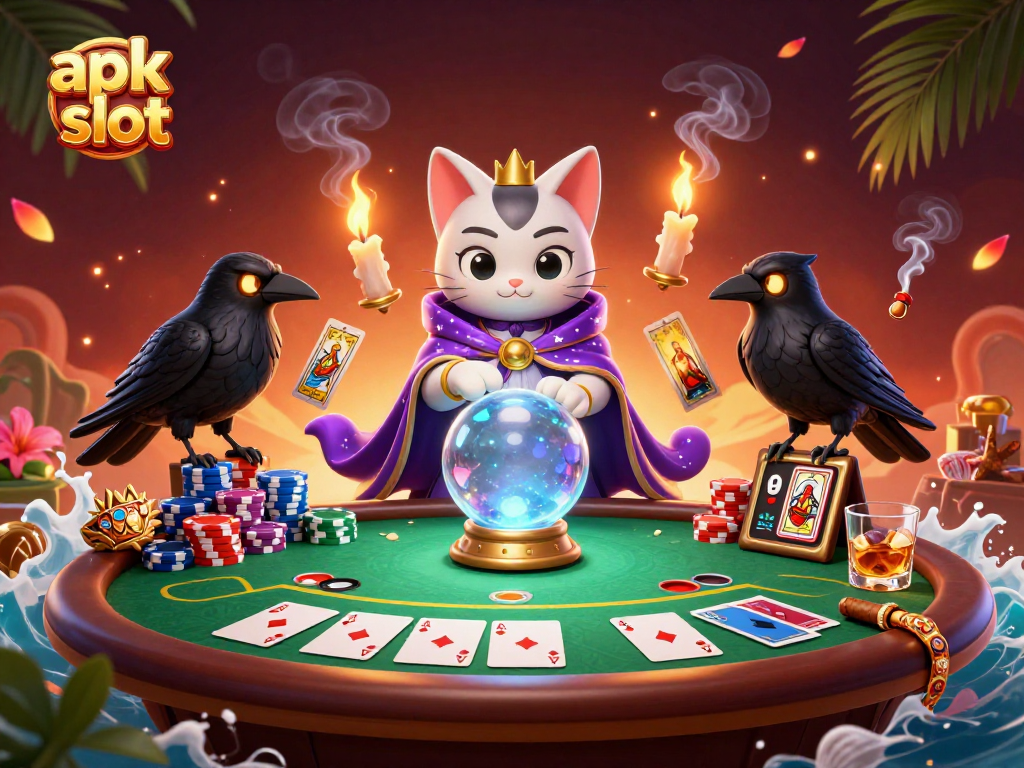 Mengakses permainan apk slot dengan penuh semangat di meja poker yang dikelilingi elemen kasino menarik.