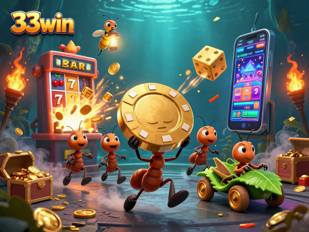 Ants in the heist carrying a giant poker chip during a thrilling casino scene with 33win branding.