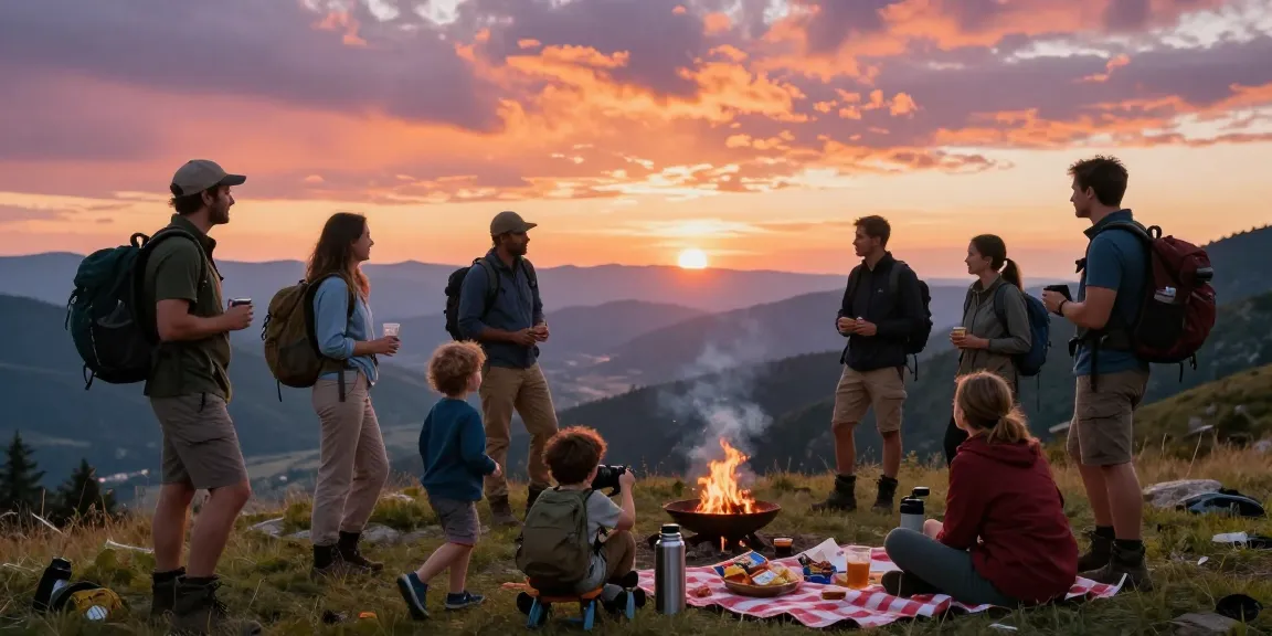 Families enjoying a sunset at a mountain vista, embodying the spirit of mantra88 adventure and togetherness.