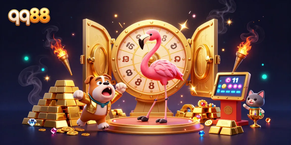 Experience thrilling wins at qq88 as a dog bounces with excitement, surrounded by dazzling golden prizes.
