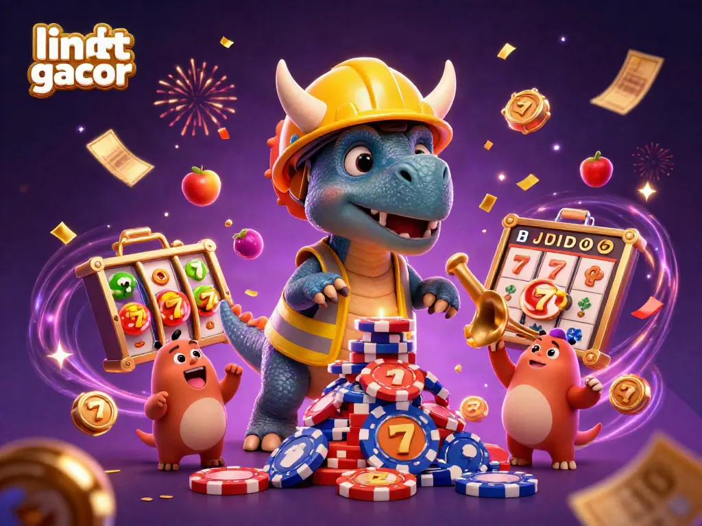 Engage with link slot gacor through dynamic slot reels and lively dinosaur characters celebrating wins.