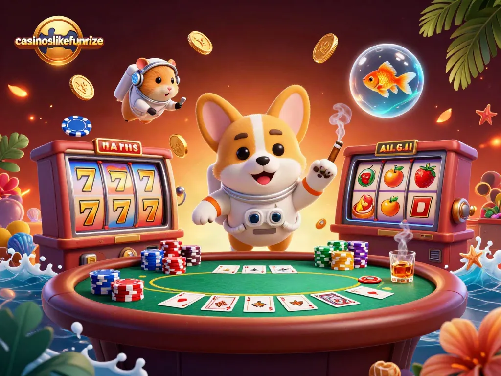 Experience casinoslikefunrize with a thrilling space casino scene showcasing an astronaut corgi and friends amidst floating poker elements.