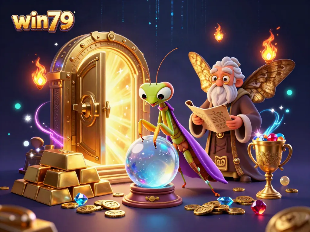 Experience thrilling wins at win79 with a vibrant casino scene featuring mystical characters and dazzling treasures.