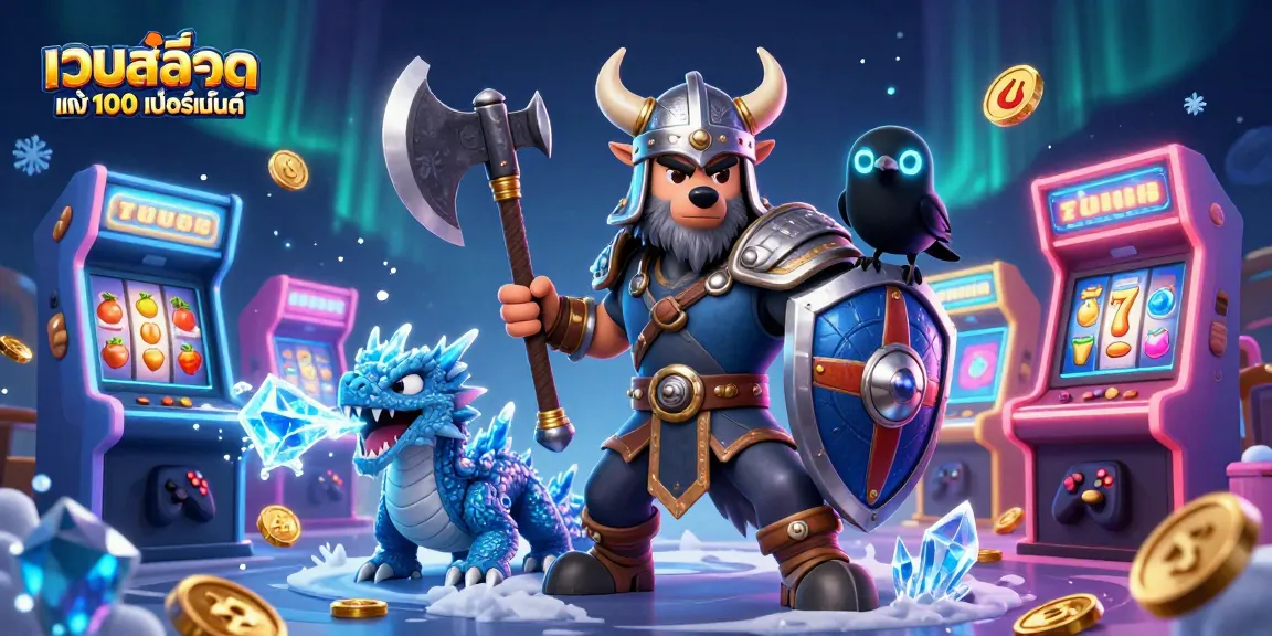 Engage with the vibrant world of เว็บสล็อต แท้ 100 เปอร์เซ็นต์, featuring a Viking wolf warrior, dragon, and arcade elements for thrilling gameplay.