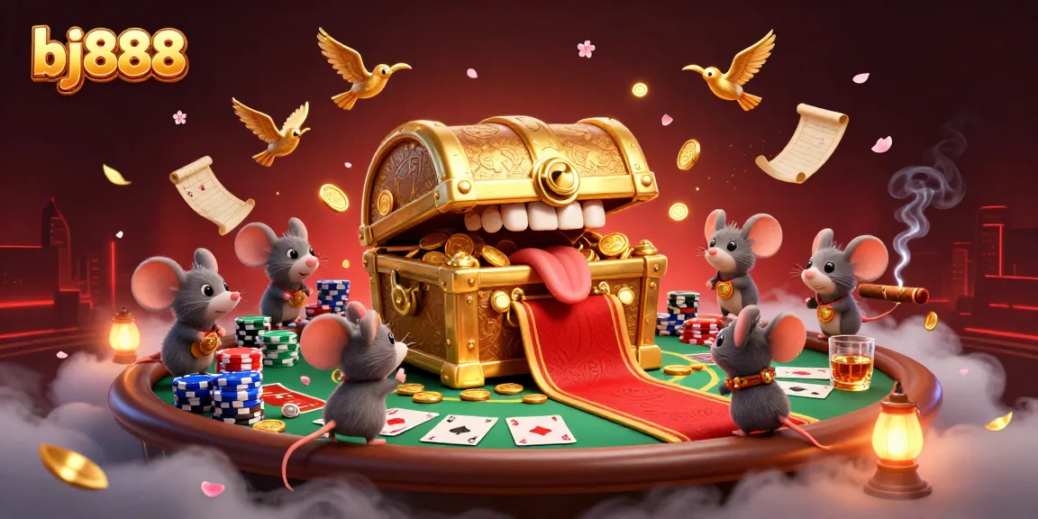 Engage with interactive gaming at bj888's golden treasure chest casino illustration featuring iconic poker elements.