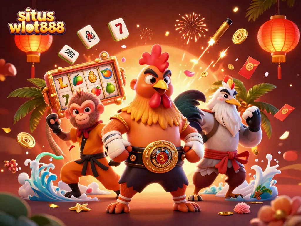 Gambarlah situs wslot888 dengan karakter ayam Muay Thai dan simbol slot bertuah yang memikat.
