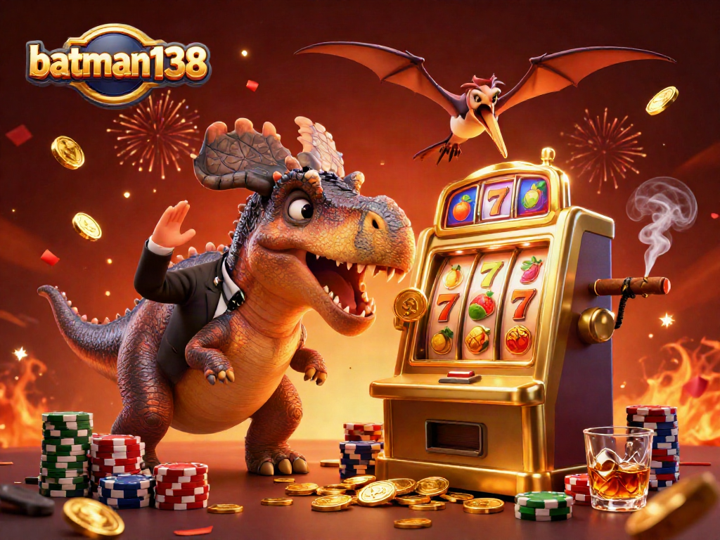 Engage with batman138 as a pachycephalosaurus sparks a slot machine jackpot while a panicked manager waves nearby.
