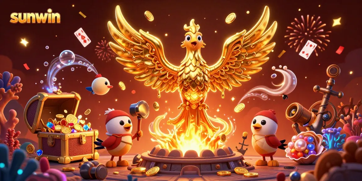 Experience the thrill of sunwin gaming with a molten phoenix, gold coins, and vibrant casino elements.