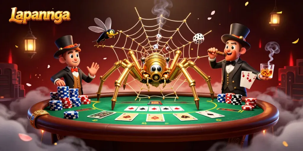 Engage with Lapannaga's vibrant casino world featuring a steampunk spider and golden poker chips.
