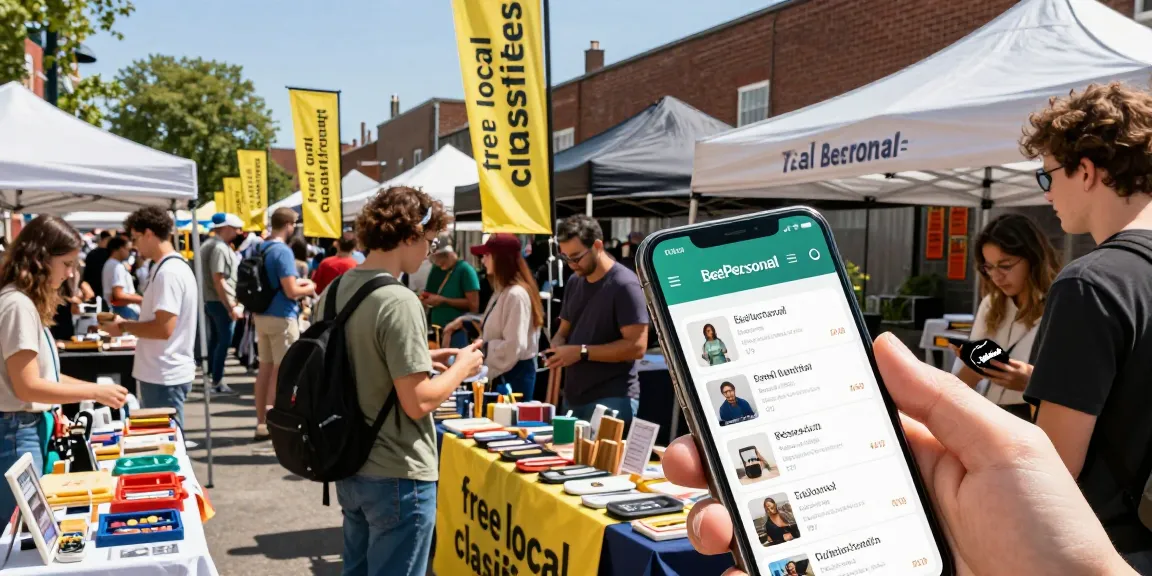 Engaged community members using bedpersonal for local classifieds in a vibrant marketplace.