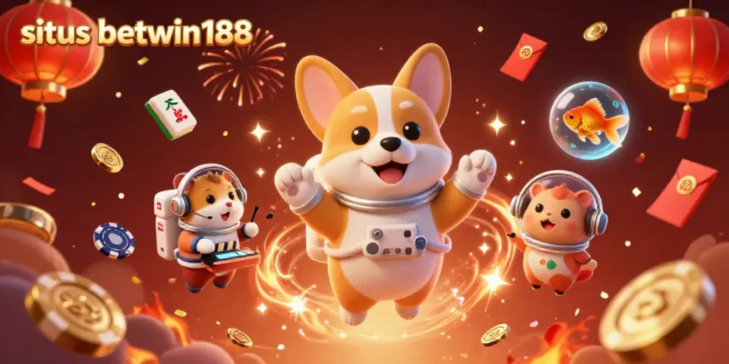 Permainan kasino online di situs betwin188, dengan corgi astronot dan elemen festival.