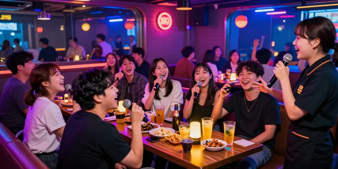 인천쓰리노에서 친구들과 함께 즐거운 시간을 보내는 모습, 노래와 음료가 있는 즐거운 분위기