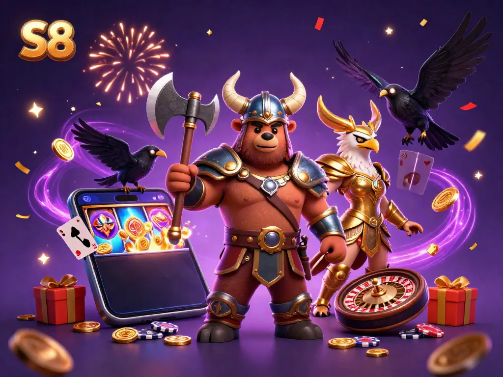 Engage with S8's thrilling gaming experience featuring a Viking berserker and colorful slot games!