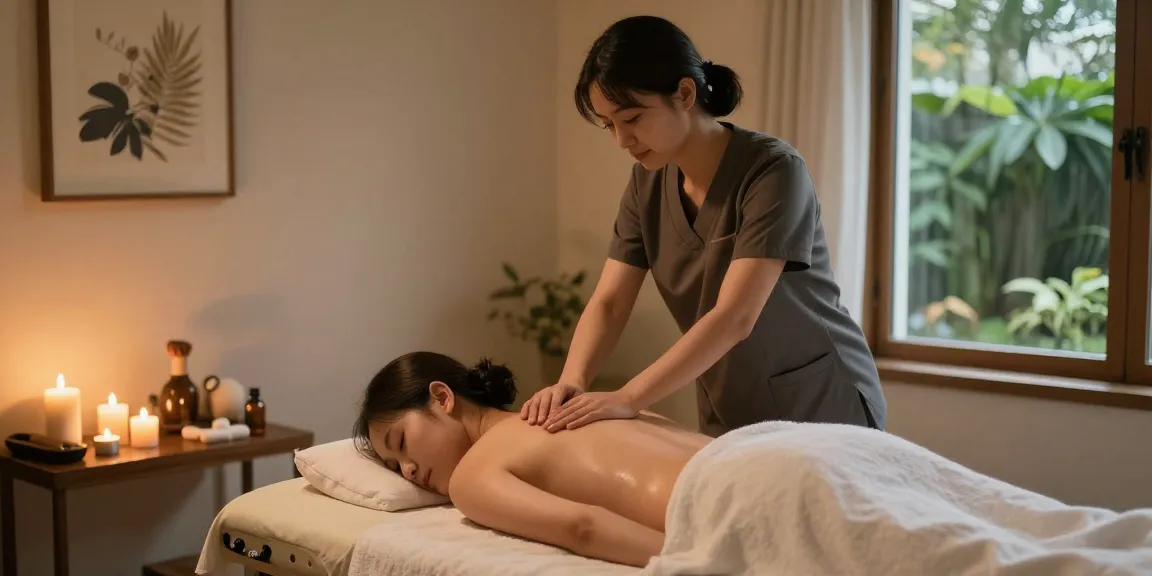 부천출장안마 - Professional massage therapist providing a calming back massage in a serene home setting.