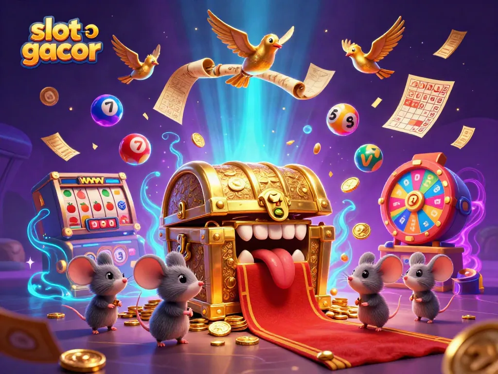 Engage in slot gacor activities with a vibrant 3D scene featuring a golden treasure chest and dynamic game elements.